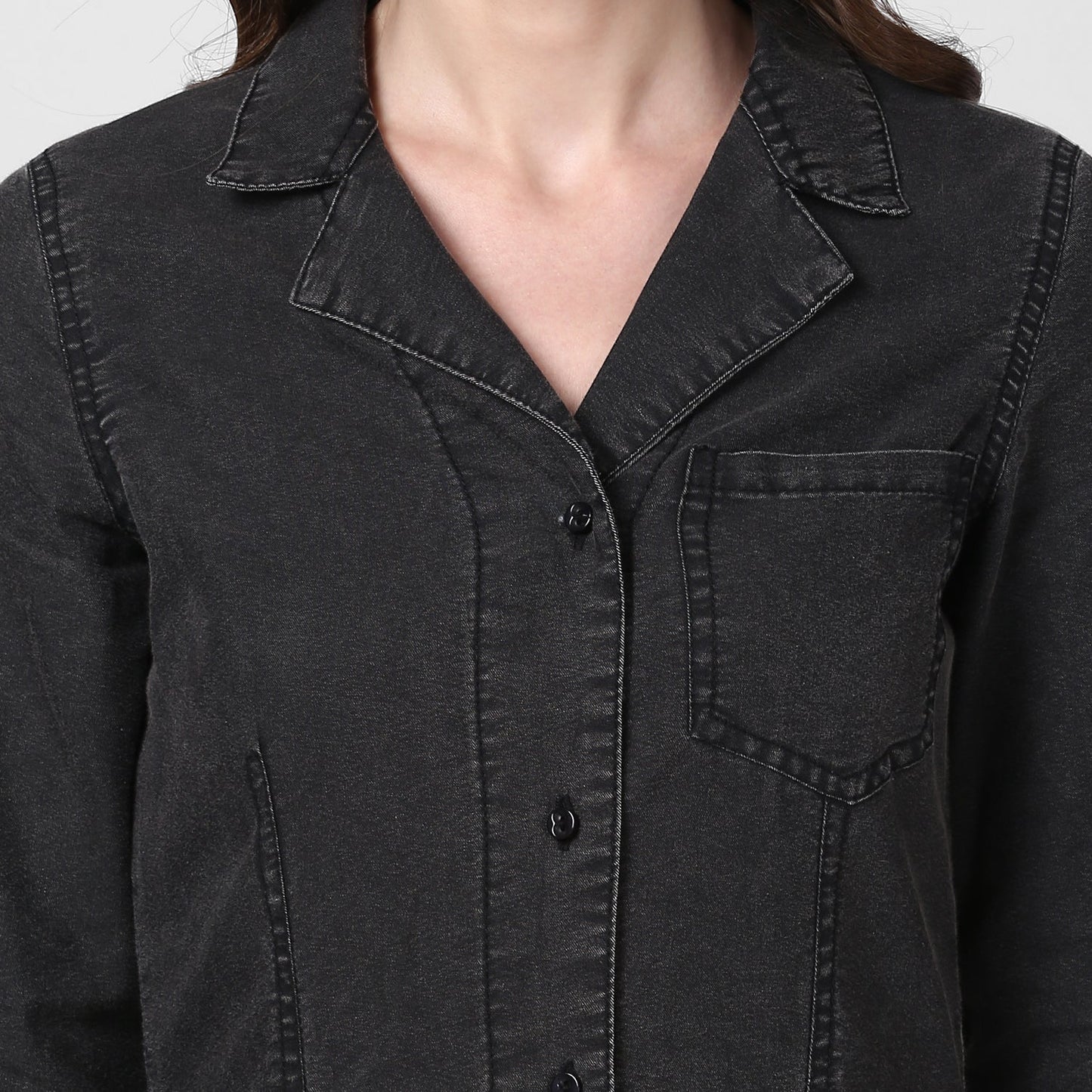 Women's Black Denim Lapel Style Shirt Dress