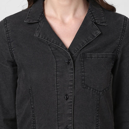 Women's Black Denim Lapel Style Shirt Dress