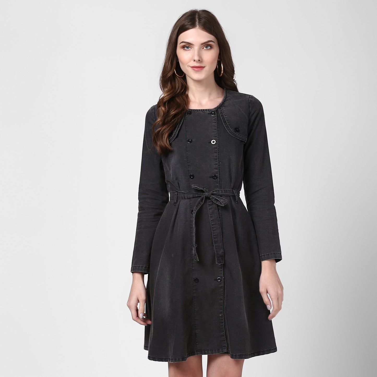 Women's Black Denim Dress with Shoulder Placket detail