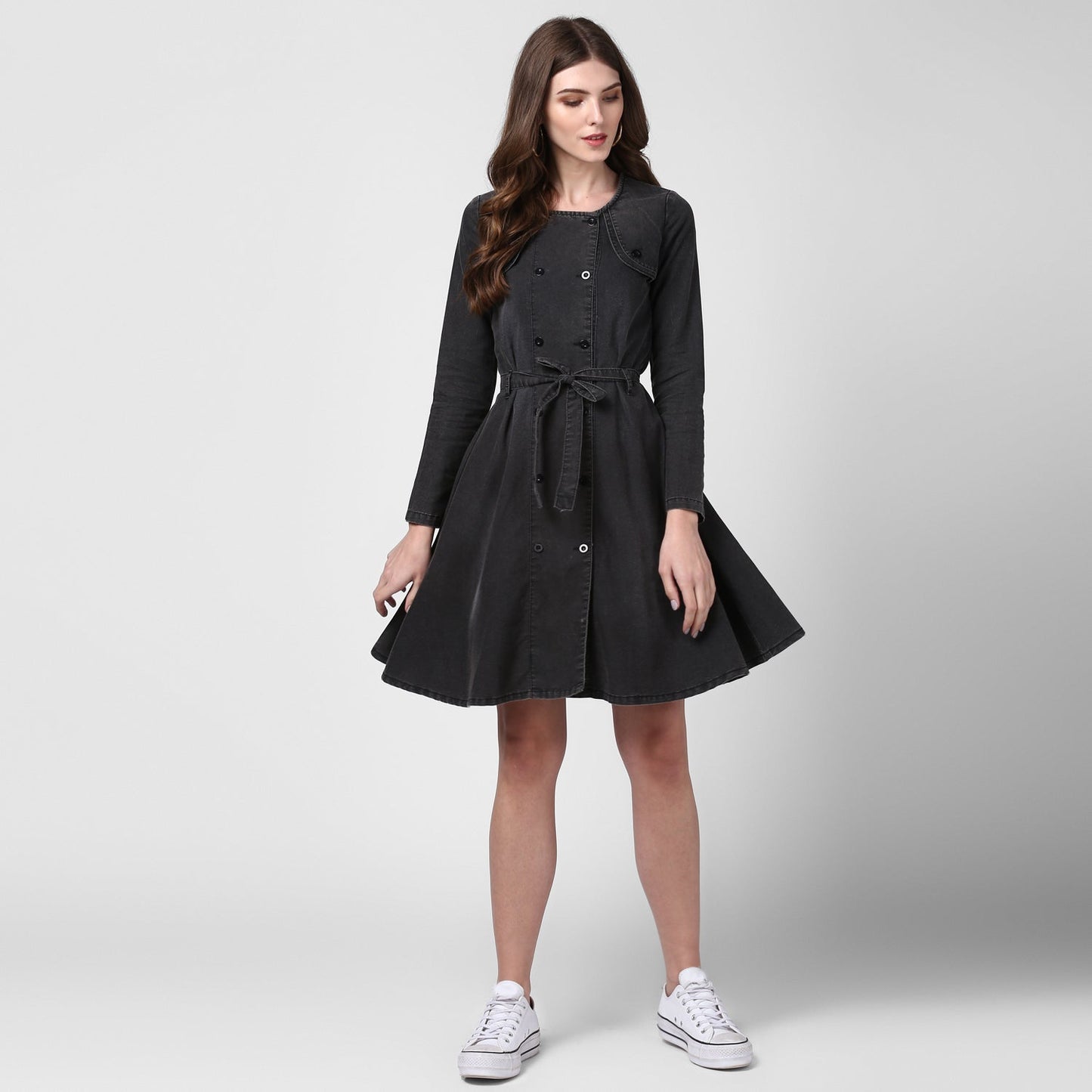 Women's Black Denim Dress with Shoulder Placket detail