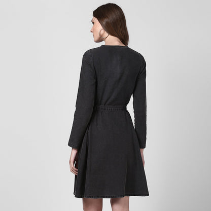 Women's Black Denim Dress with Shoulder Placket detail