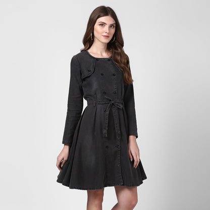 Women's Black Denim Dress with Shoulder Placket detail