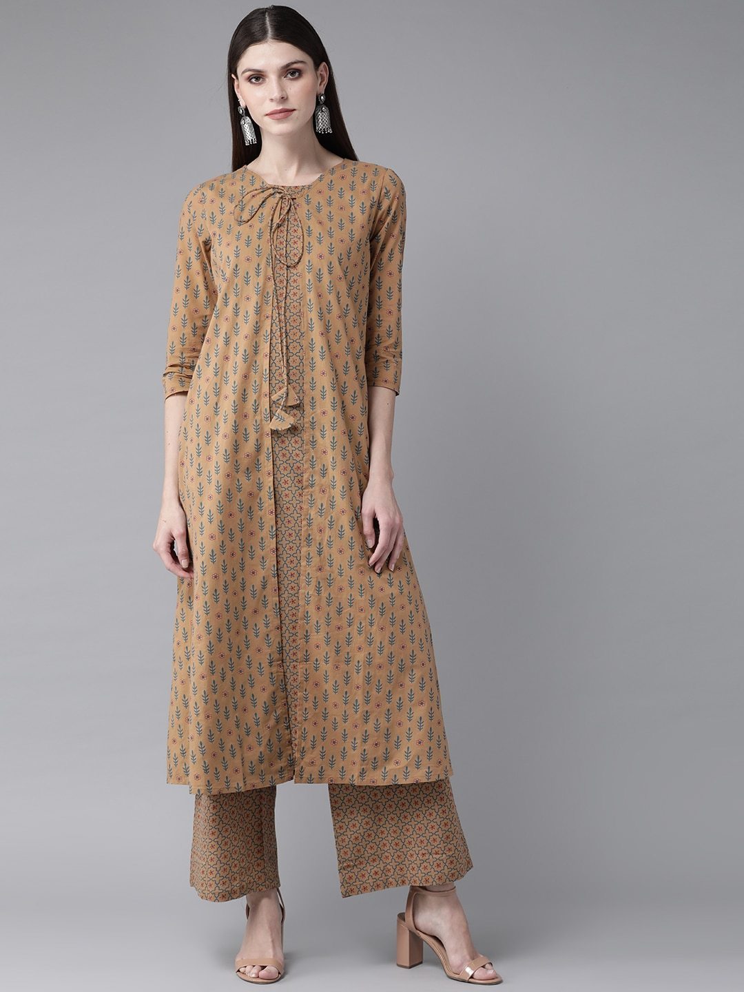 Women's  Brown & Blue Printed Layered Kurta with Palazzos