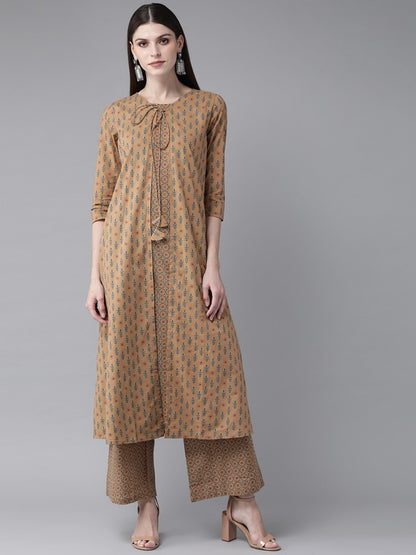 Women's  Brown & Blue Printed Layered Kurta with Palazzos