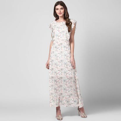 Women's Off White Printed Rayon Crepe Maxi Dress