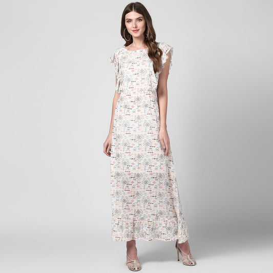 Women's Off White Printed Rayon Crepe Maxi Dress
