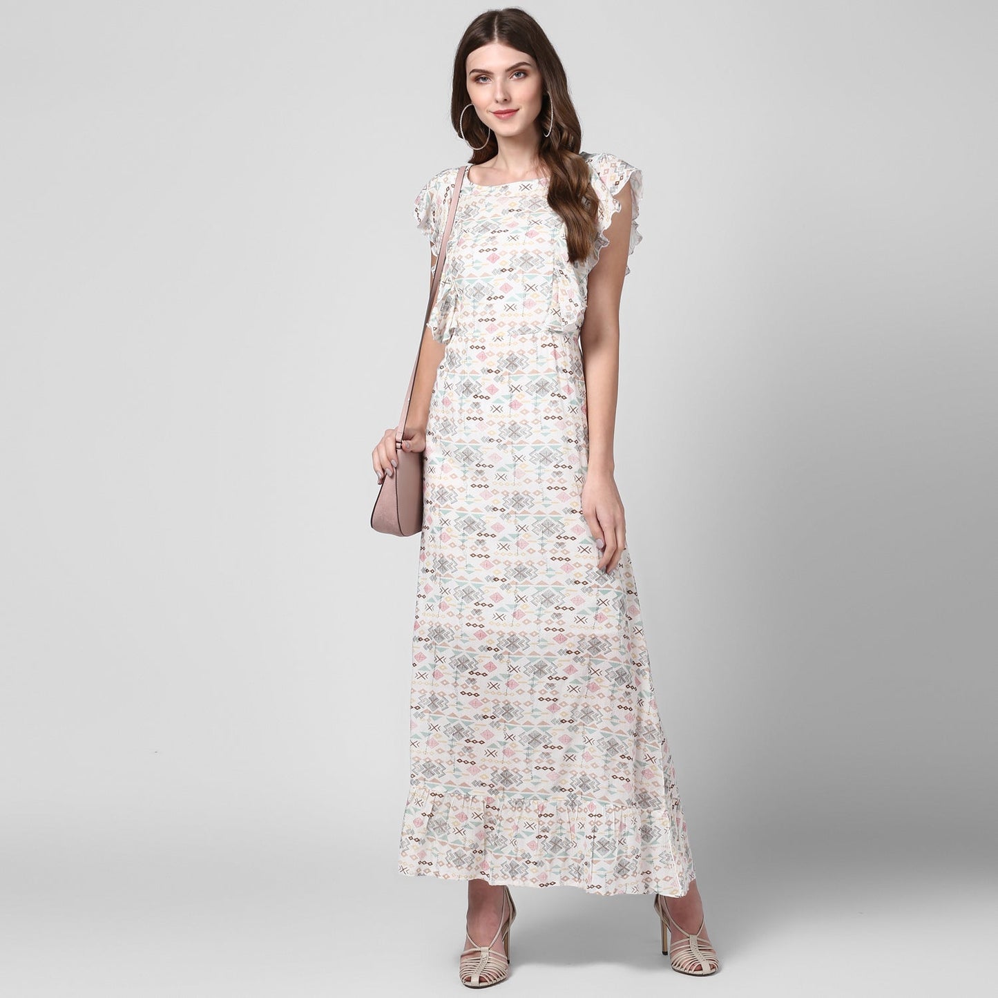 Women's Off White Printed Rayon Crepe Maxi Dress