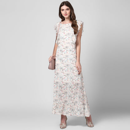 Women's Off White Printed Rayon Crepe Maxi Dress