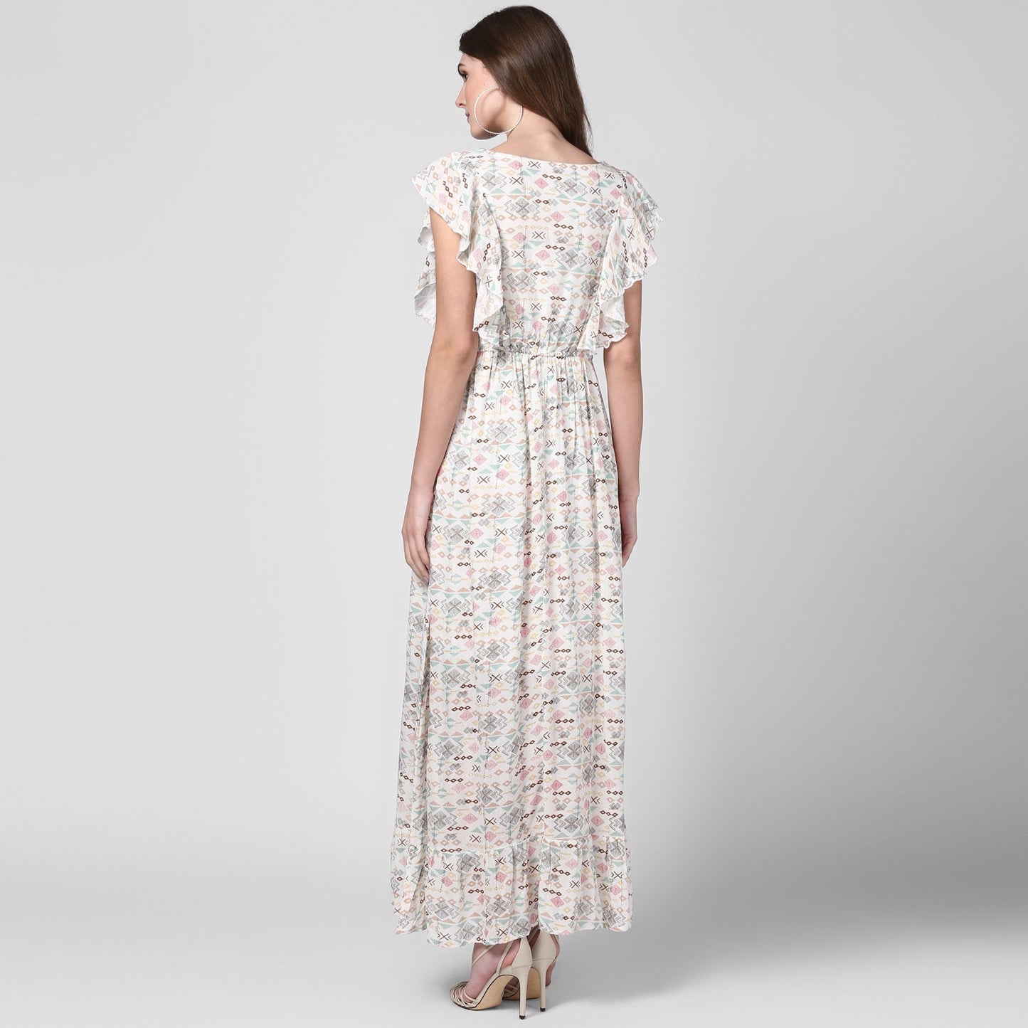 Women's Off White Printed Rayon Crepe Maxi Dress