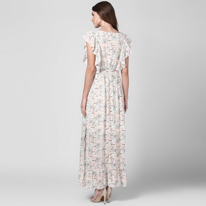 Women's Off White Printed Rayon Crepe Maxi Dress