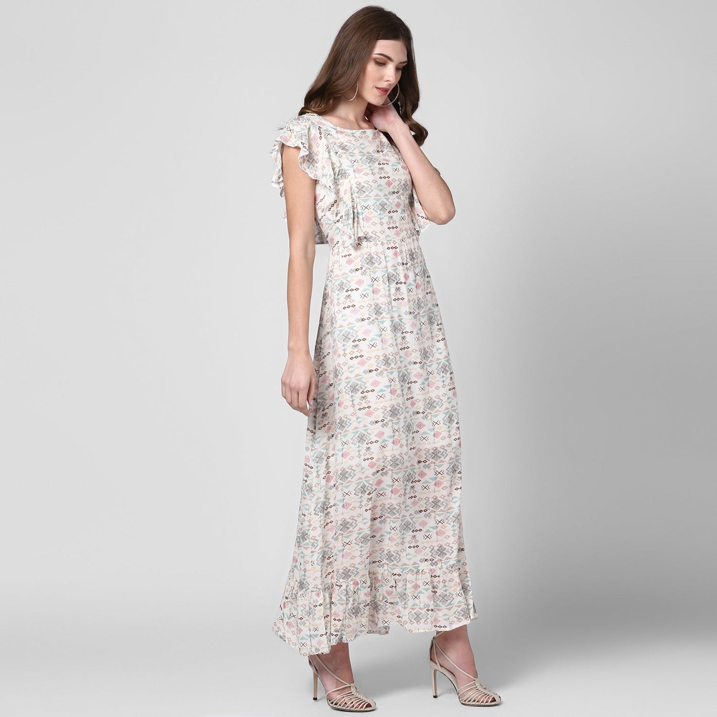 Women's Off White Printed Rayon Crepe Maxi Dress