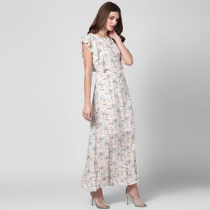 Women's Off White Printed Rayon Crepe Maxi Dress