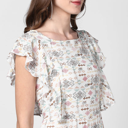 Women's Off White Printed Rayon Crepe Maxi Dress