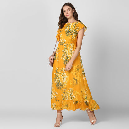 Women's Yellow Printed Maxi Dress with Lining