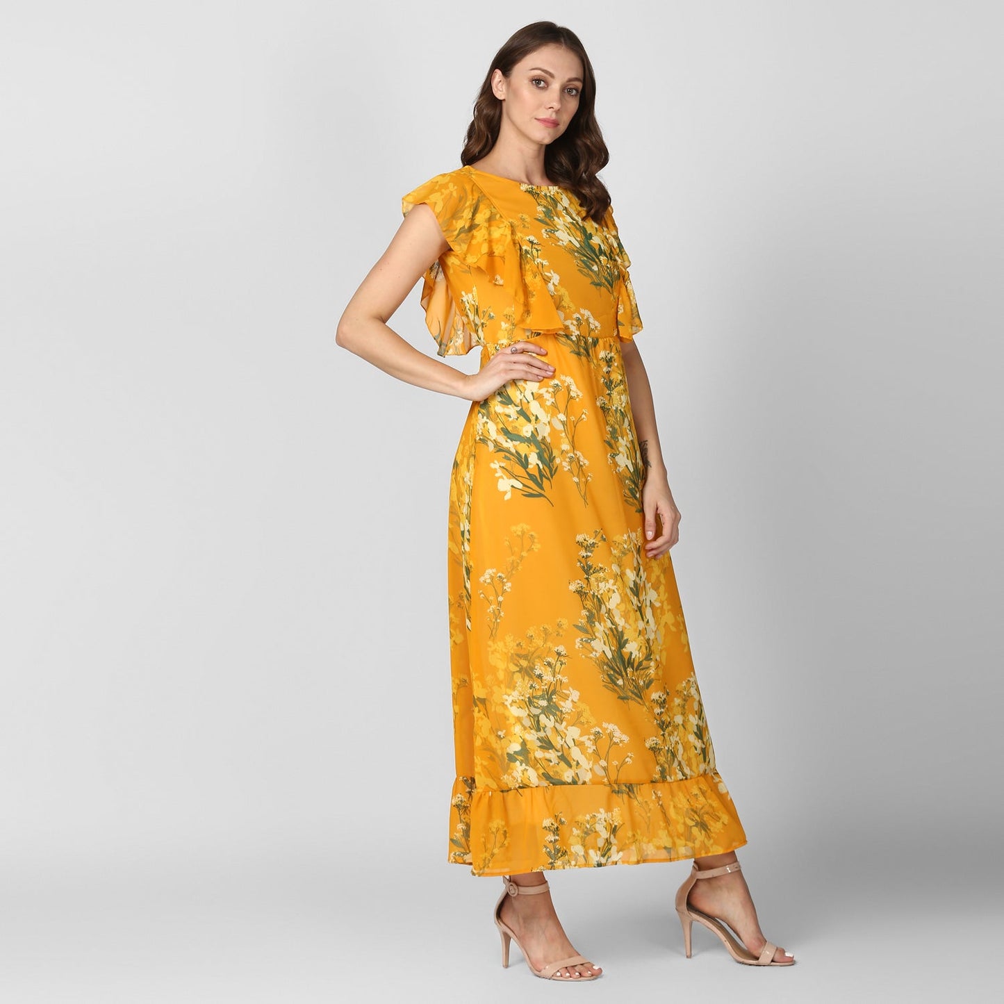 Women's Yellow Printed Maxi Dress with Lining