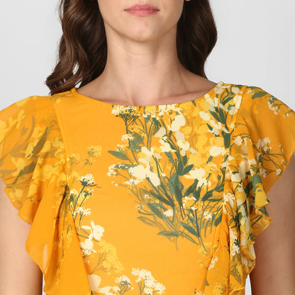 Women's Yellow Printed Maxi Dress with Lining
