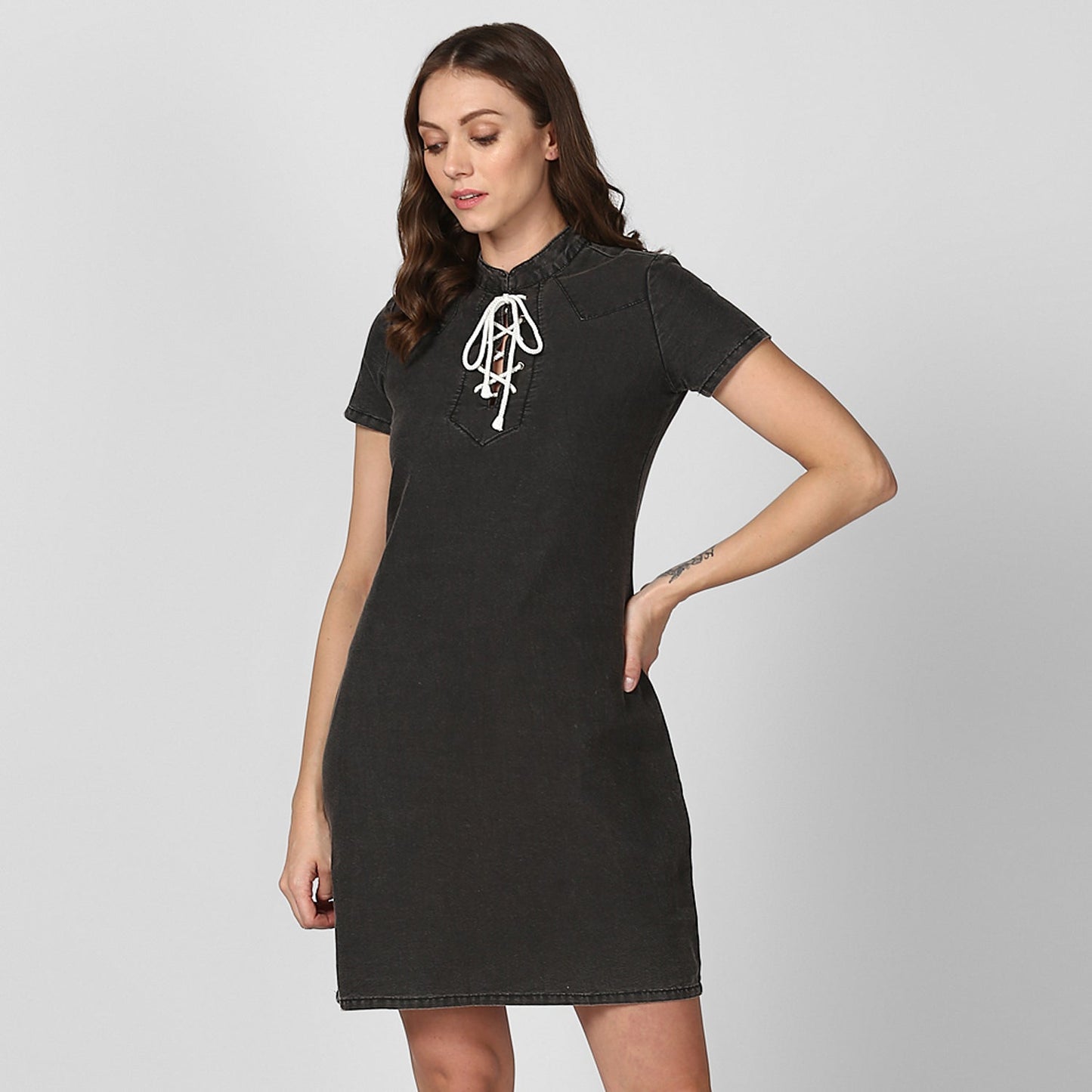 Women's Black Denim Dress with White Drawstring