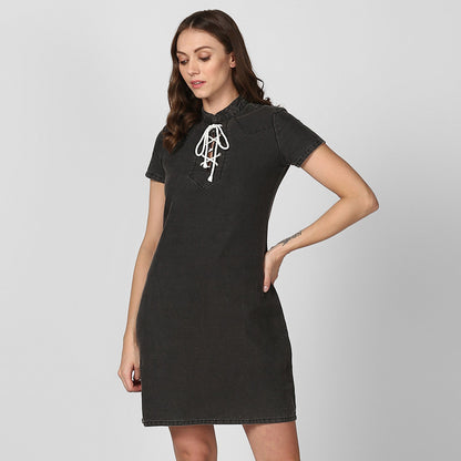 Women's Black Denim Dress with White Drawstring