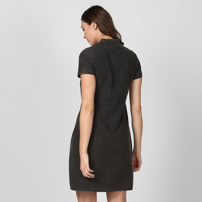 Women's Black Denim Dress with White Drawstring