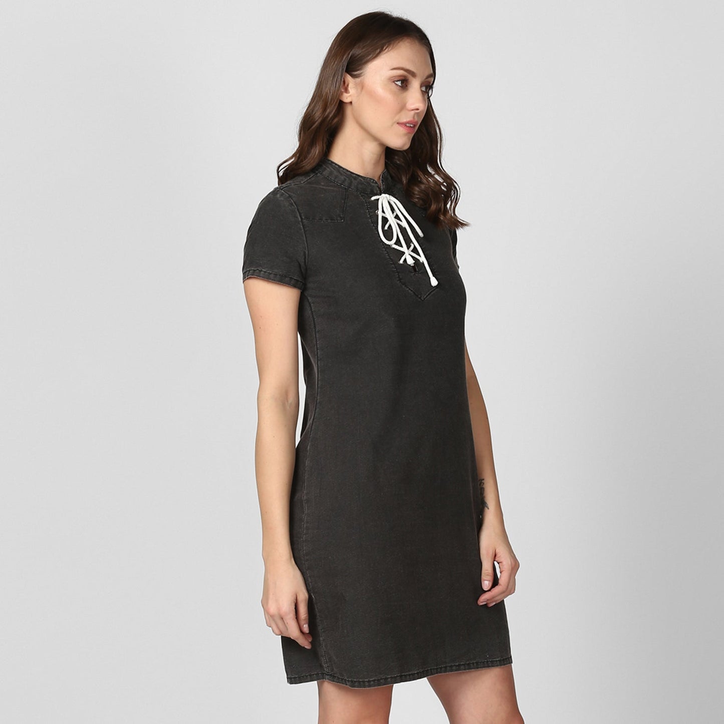 Women's Black Denim Dress with White Drawstring