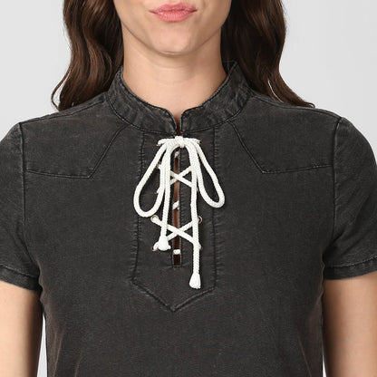 Women's Black Denim Dress with White Drawstring