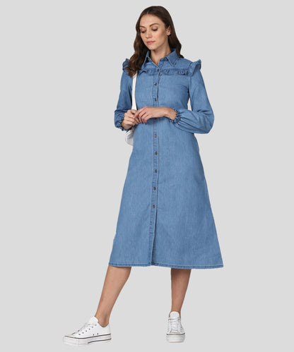 Women's Blue Denim Dress with Ruffle Detail