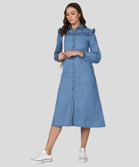 Women's Blue Denim Dress with Ruffle Detail