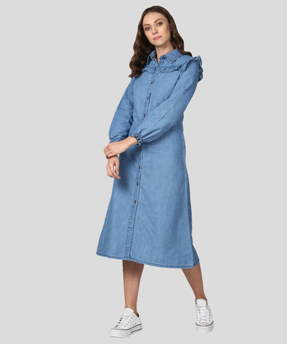 Women's Blue Denim Dress with Ruffle Detail
