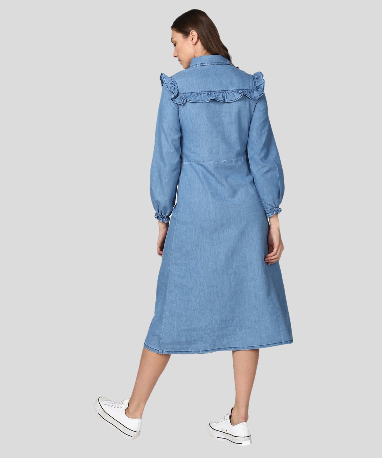 Women's Blue Denim Dress with Ruffle Detail