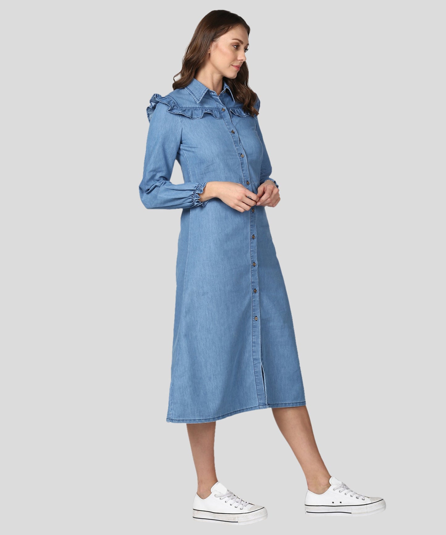 Women's Blue Denim Dress with Ruffle Detail