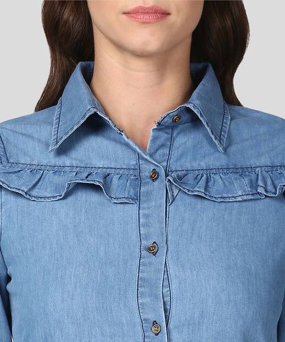 Women's Blue Denim Dress with Ruffle Detail