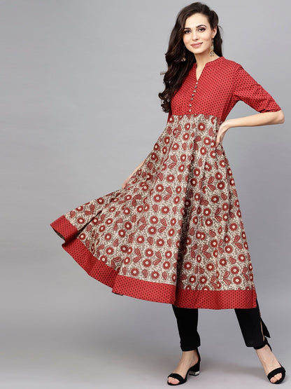 Women's  Maroon & Charcoal Grey Printed Anarkali Kurta