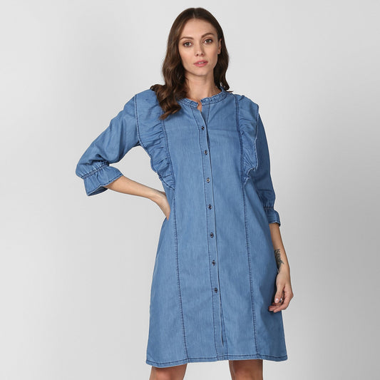 Women's Blue Denim Shirt Dress with Side Ruffle Detail