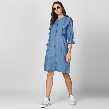 Women's Blue Denim Shirt Dress with Side Ruffle Detail