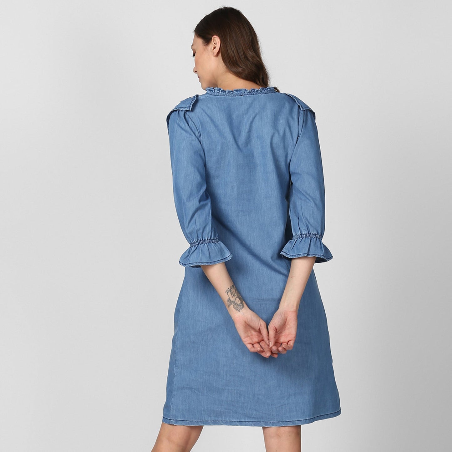 Women's Blue Denim Shirt Dress with Side Ruffle Detail