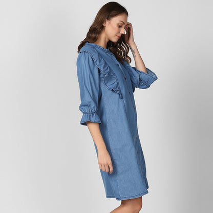 Women's Blue Denim Shirt Dress with Side Ruffle Detail