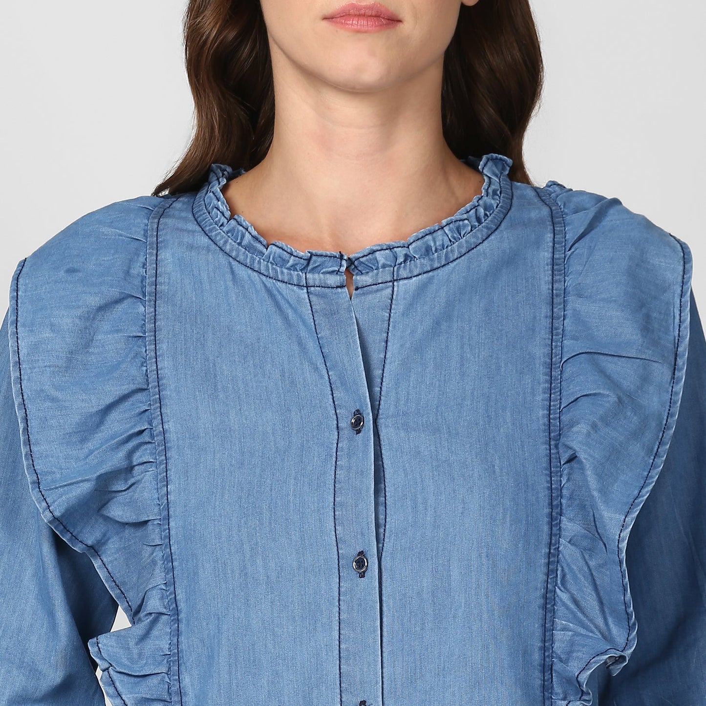 Women's Blue Denim Shirt Dress with Side Ruffle Detail