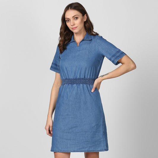 Women's Blue Denim Dress with Smocked waistline