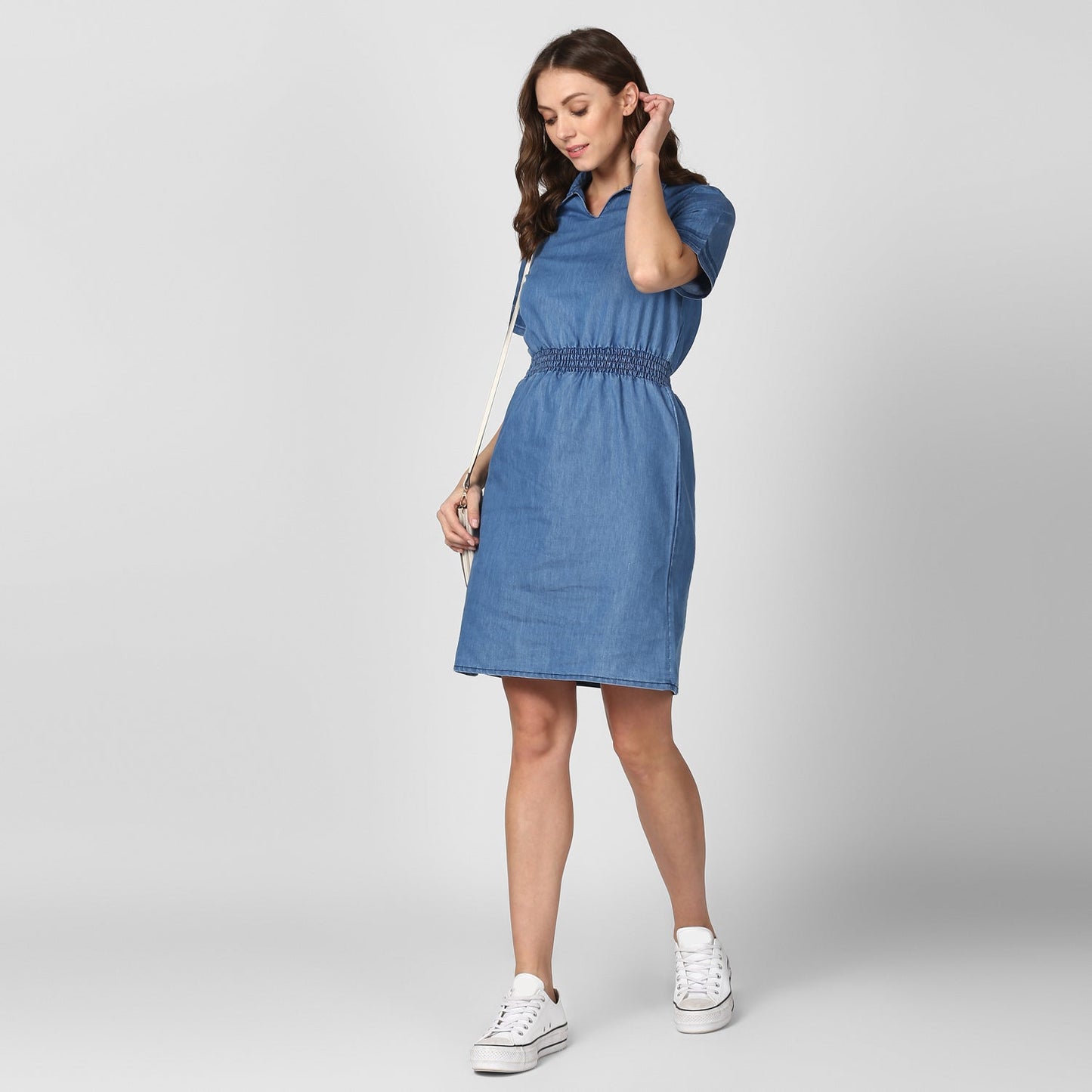 Women's Blue Denim Dress with Smocked waistline