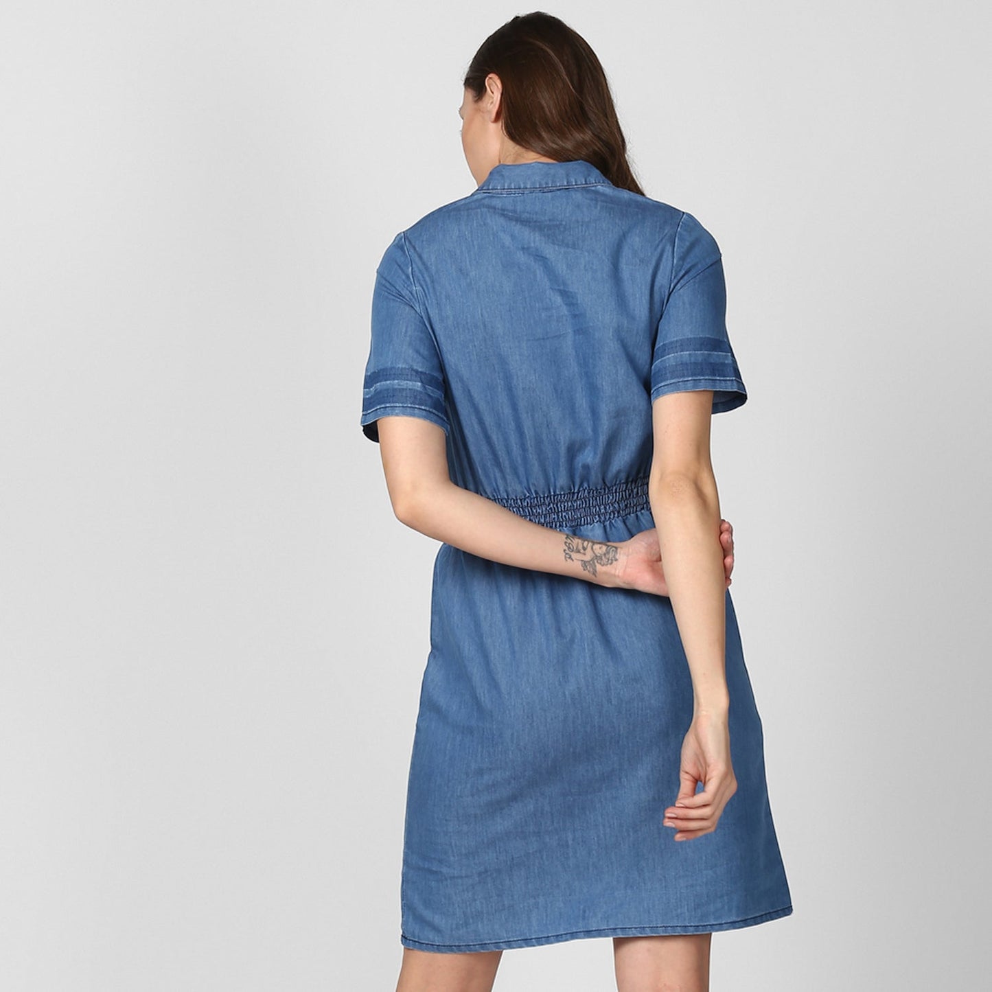 Women's Blue Denim Dress with Smocked waistline