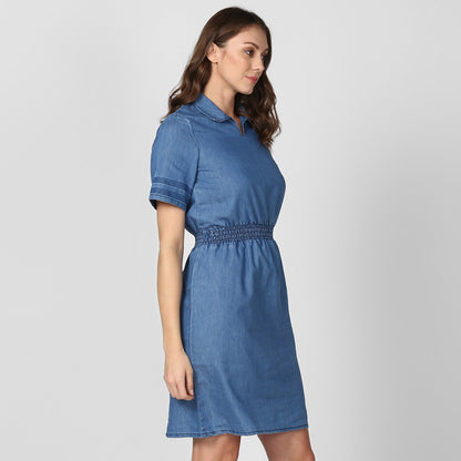 Women's Blue Denim Dress with Smocked waistline