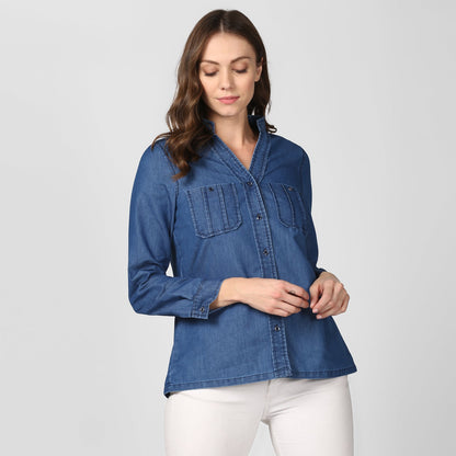 Women's Blue Denim Top cum shirt with striped pocket detail