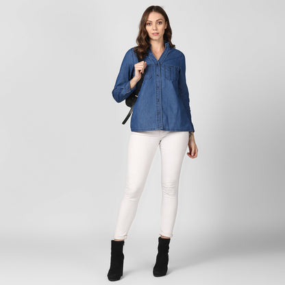 Women's Blue Denim Top cum shirt with striped pocket detail