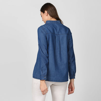 Women's Blue Denim Top cum shirt with striped pocket detail