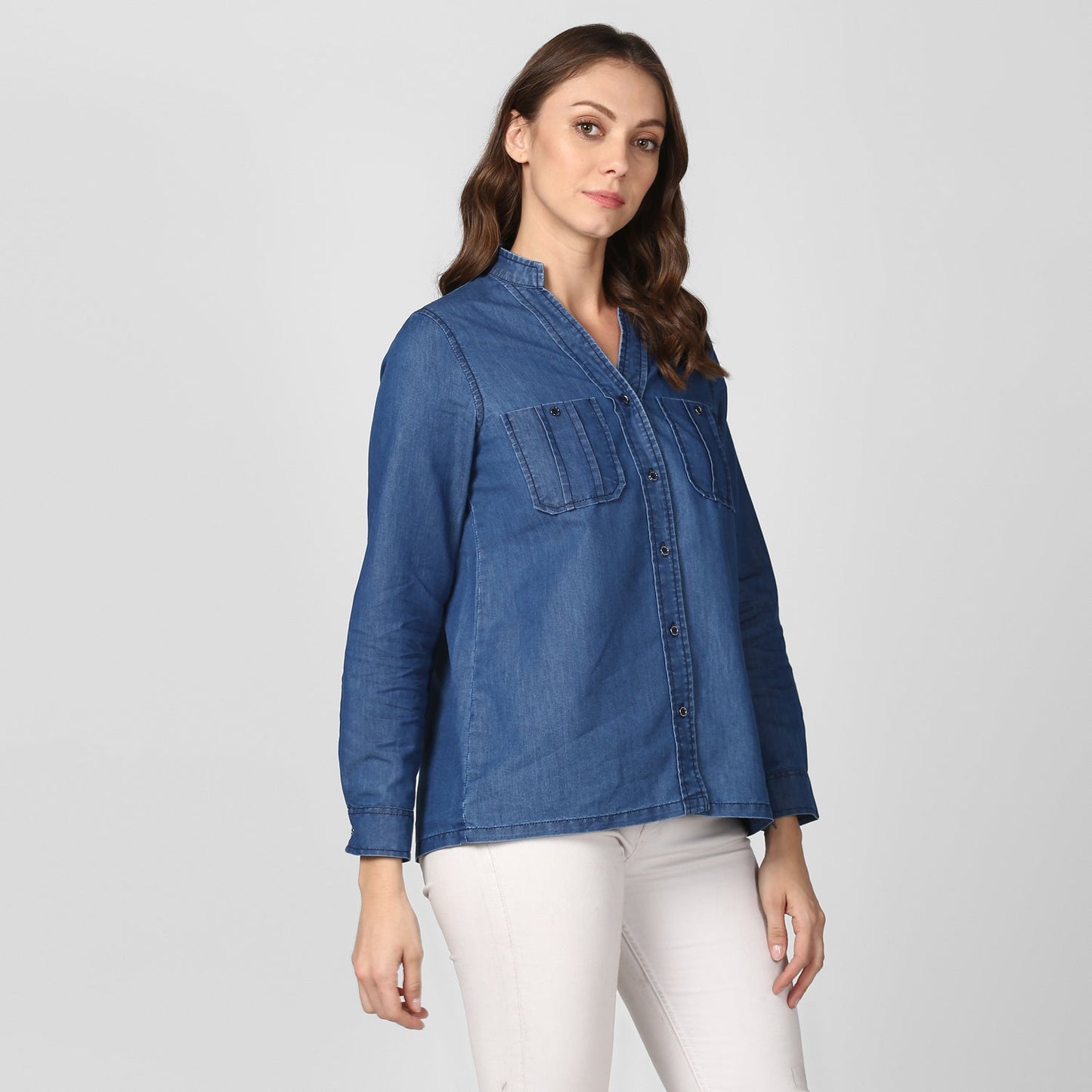 Women's Blue Denim Top cum shirt with striped pocket detail