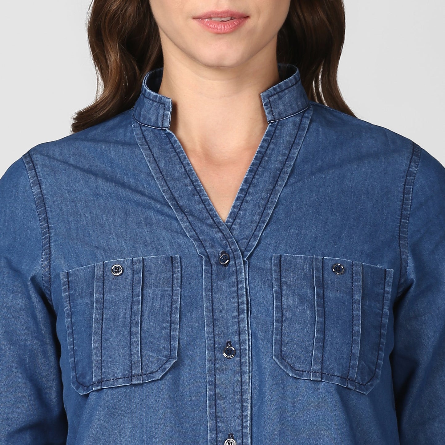 Women's Blue Denim Top cum shirt with striped pocket detail