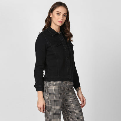 Women's Solid Black Denim Jacket
