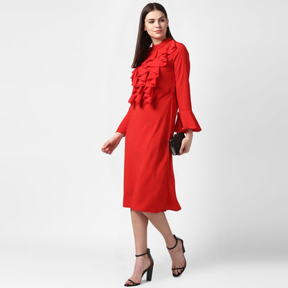 Women's Red Front Ruffle Bell Sleeve Dress