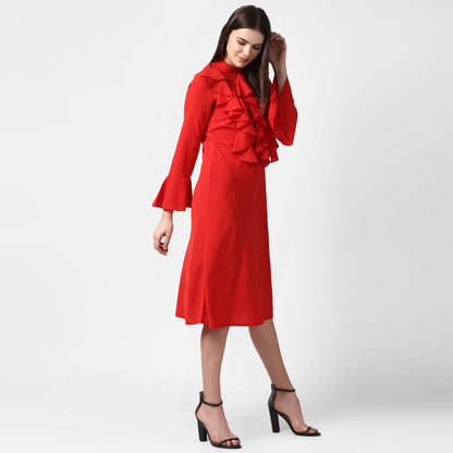 Women's Red Front Ruffle Bell Sleeve Dress
