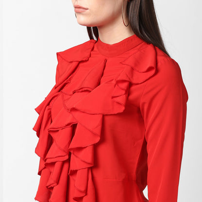 Women's Red Front Ruffle Bell Sleeve Dress
